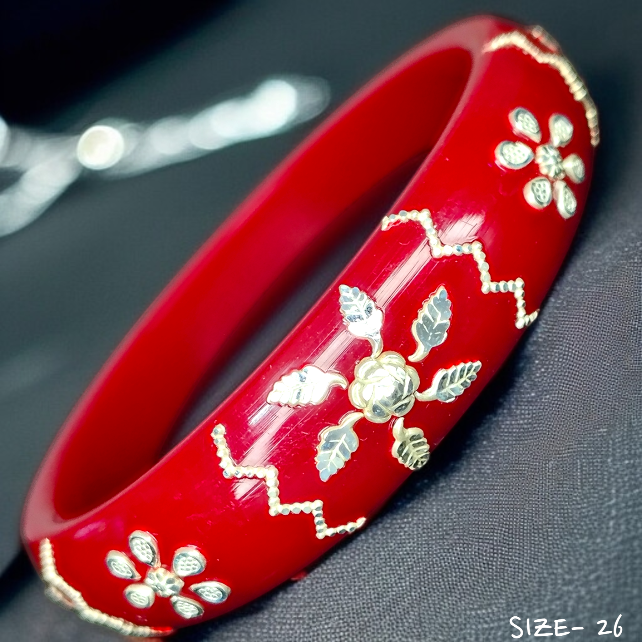 (SSP) (SIZE- 26) RED PASTING DESIGN 925 ORIGINAL SILVER POLA BANGLES FOR WOMEN 1 PC - SOLD AS MRP BY RAJLAXMI.