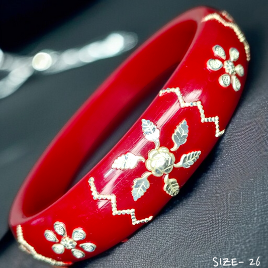 (SSP) (SIZE- 26) RED PASTING DESIGN 925 ORIGINAL SILVER POLA BANGLES FOR WOMEN 1 PC - SOLD AS MRP BY RAJLAXMI.