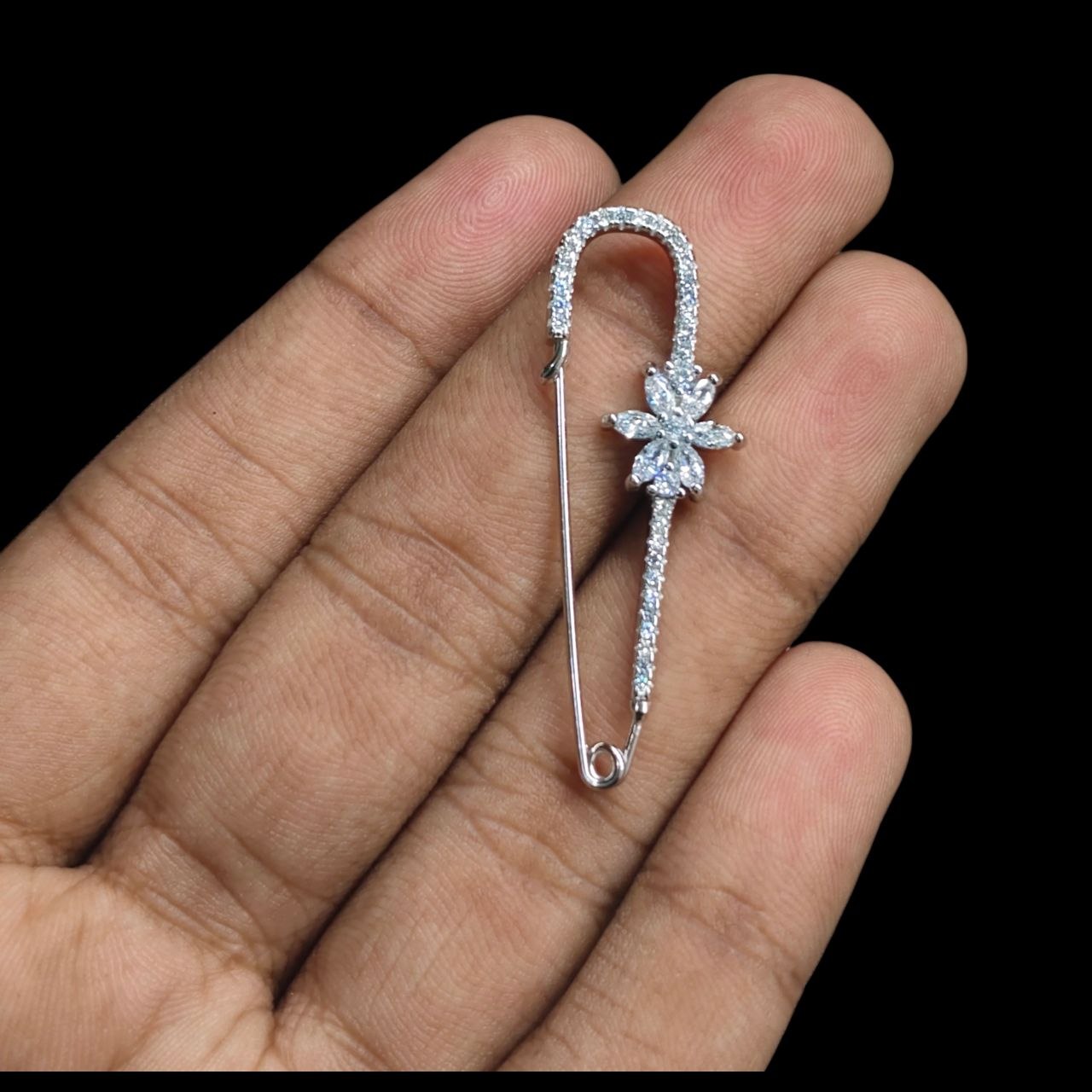 SILVER BROOCH- CERTIFIED BIS HALLMARK 925 SILVER BROOCH CEPTIPIN FOR SAREE 1 PIECE STUDDED WITH AMERICAN DIAMOND- (SOLD ON MRP) NON EXCHANGEABLE ITEM.