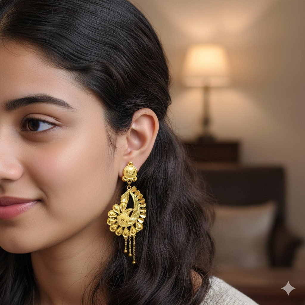 (GER22) BIS CERTIFIED WGT: 3.640 GM APPROX HUID HALLMARK 916 22KT GOLD EARRINGS KANBALA 1 PAIR FOR WOMEN.