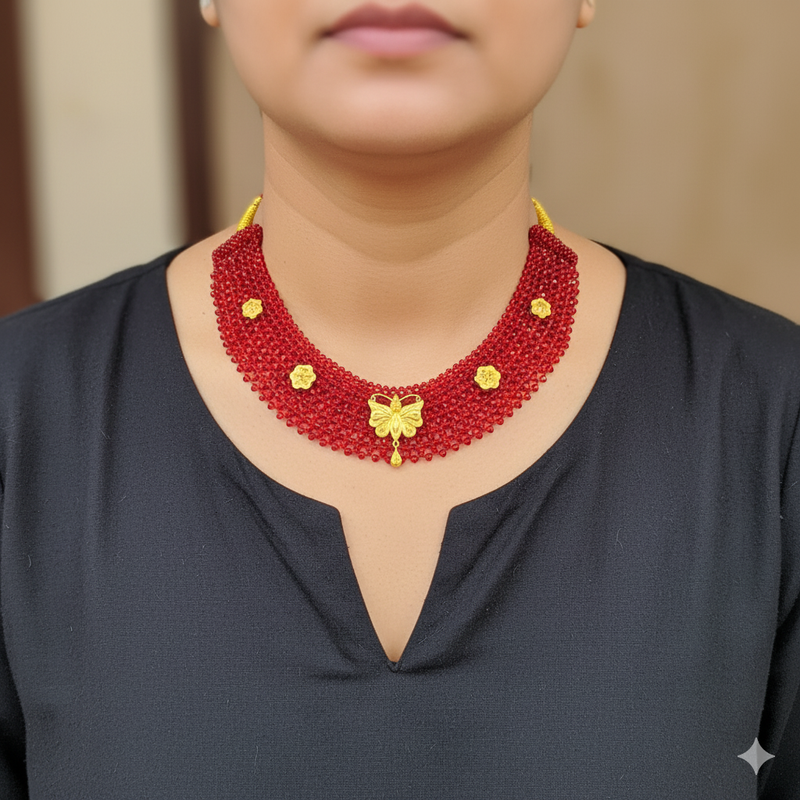 GCS22K- WGT: 1.780 GM APPROX 22KT HUID HALLMARK GOLD CRYSTAL CHATAI NECKLACE 1 PIECE WITH ADJUSTABLE TASSEL.