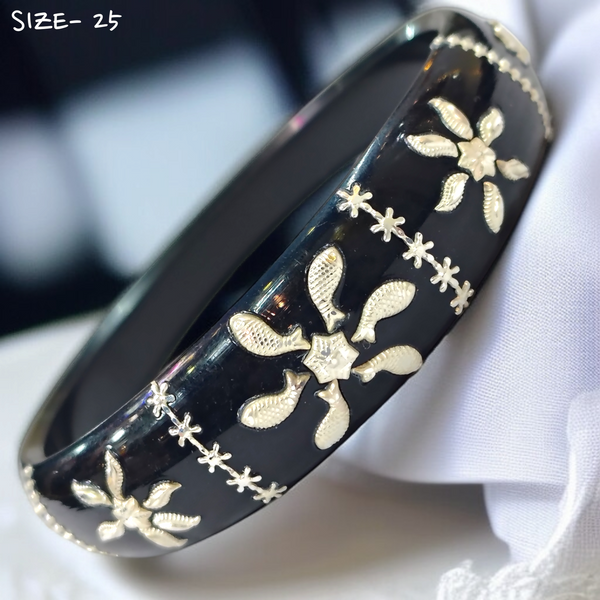(SSP) (SIZE- 25) BLACK PASTING DESIGN 925 ORIGINAL SILVER POLA BANGLES FOR WOMEN 1 PC - SOLD AS MRP BY RAJLAXMI.