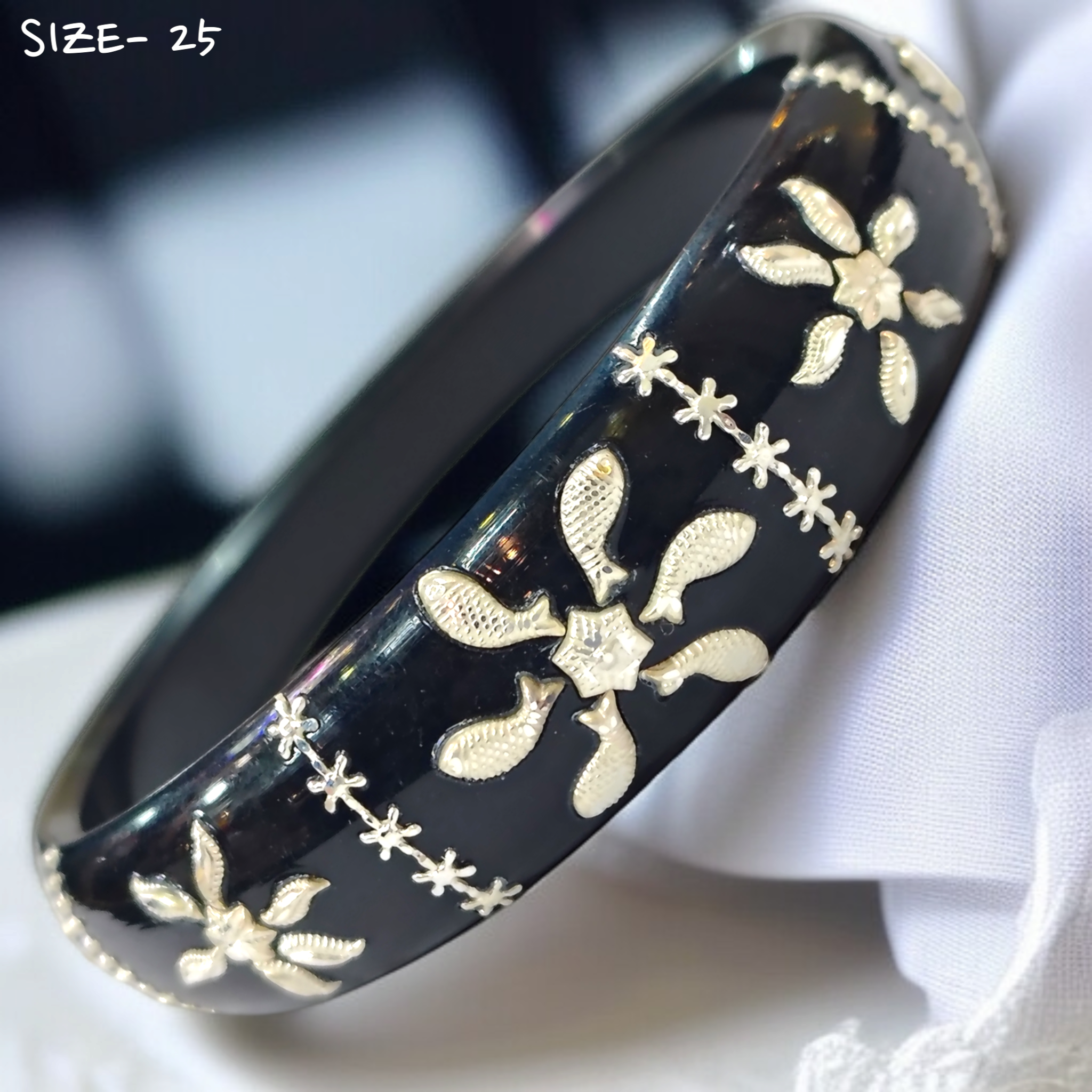 (SBP) (SIZE- 25) BLACK PASTING DESIGN 925 ORIGINAL SILVER POLA BANGLES FOR WOMEN 1 PC - SOLD AS MRP BY RAJLAXMI.