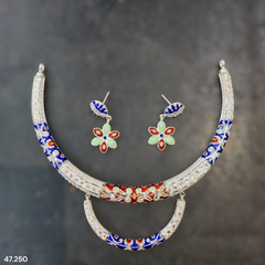 SILVER NECKLACE- CERTIFIED HALLMARK 925 SILVER HASULI NECKLACE 1 PIECE WITH EARRINGS (MINAKARI MANIPUR DESIGN) APPROX WGT: 47.250 GM (1 PIECE) FOR BEAUTIFUL WOMEN.