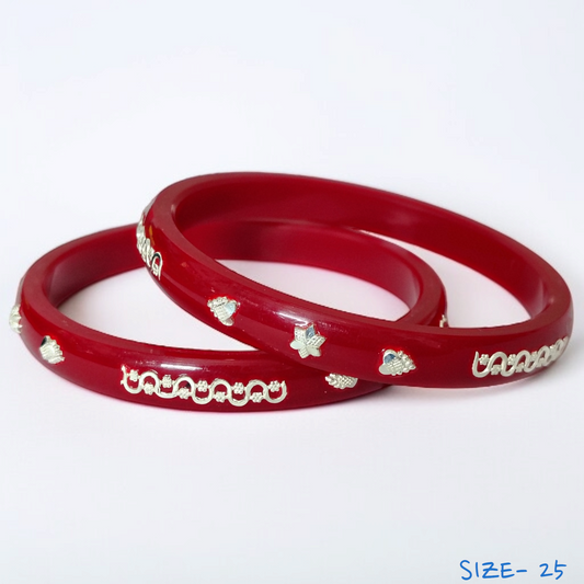 (SSP) (SIZE- 25) RED PASTING DESIGN 925 ORIGINAL SILVER POLA BANGLES FOR WOMEN 1 PAIR - SOLD AS MRP BY RAJLAXMI.