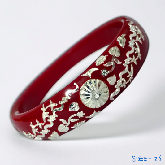 (SSP) (SIZE- 26) RED PASTING DESIGN 925 ORIGINAL SILVER POLA BANGLES FOR WOMEN 1 PC - SOLD AS MRP BY RAJLAXMI.