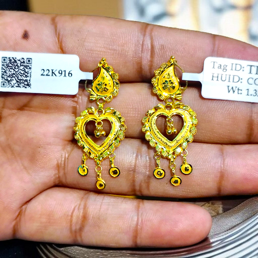 (GER22) BIS CERTIFIED WGT: 2.680 GM APPROX HUID HALLMARK 916 22KT GOLD EARRINGS KANBALA 1 PAIR FOR WOMEN.