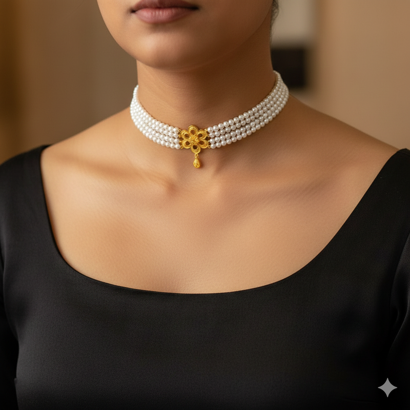 GMC22K- CERTIFIED BIS HUID HALLMARK 916 22KT GOLD MOTI CHOKER 1 PIECE (WGT:1.610 GM) WITH ADJUSTABLE TASSEL FOR GIFT IN MARRIAGE.(BLETWI)