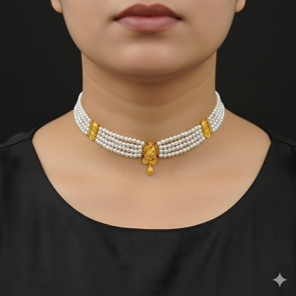 PEARL CHOKER- CERTIFIED BIS HUID HALLMARK 916 22KT GOLD MOTI CHOKER 1 PIECE (WGT: 1.050 GM) WITH ADJUSTABLE TASSEL FOR GIFT IN MARRIAGE.