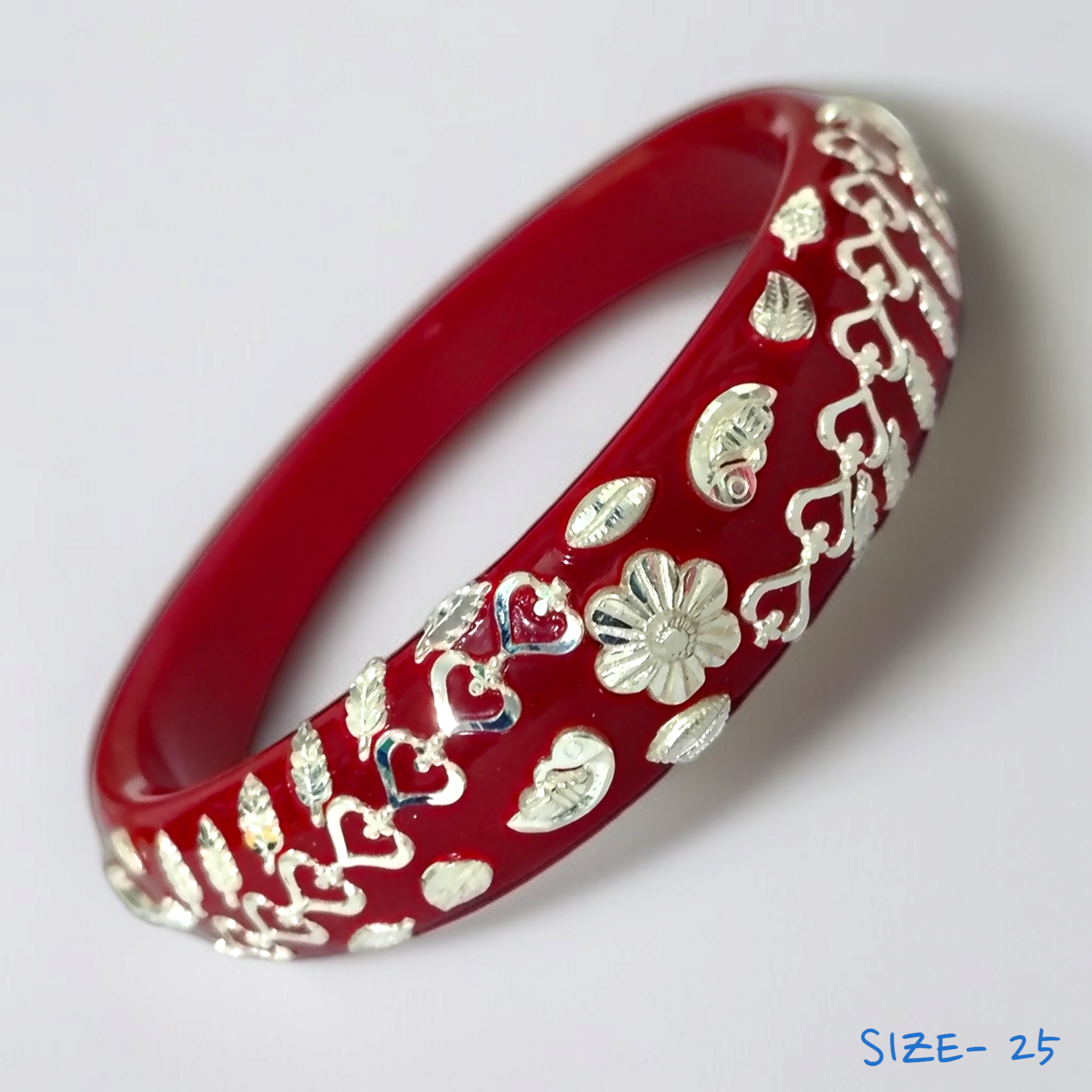 (SSP) (SIZE- 25) RED PASTING DESIGN 925 ORIGINAL SILVER POLA BANGLES FOR WOMEN 1 PC - SOLD AS MRP BY RAJLAXMI.