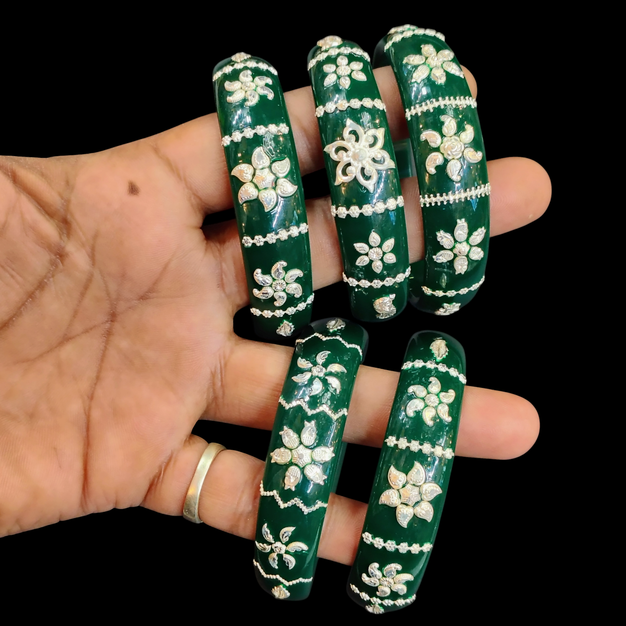 (SSP) GREEN COLOUR LASER PASTING DESIGN ORIGINAL HALLMARK 925 SILVER BRACELET POLA FOR WOMEN 1 PIECE - SOLD AS MRP BY RAJLAXMI (GET ANY DESIGN AS PER SIZE).