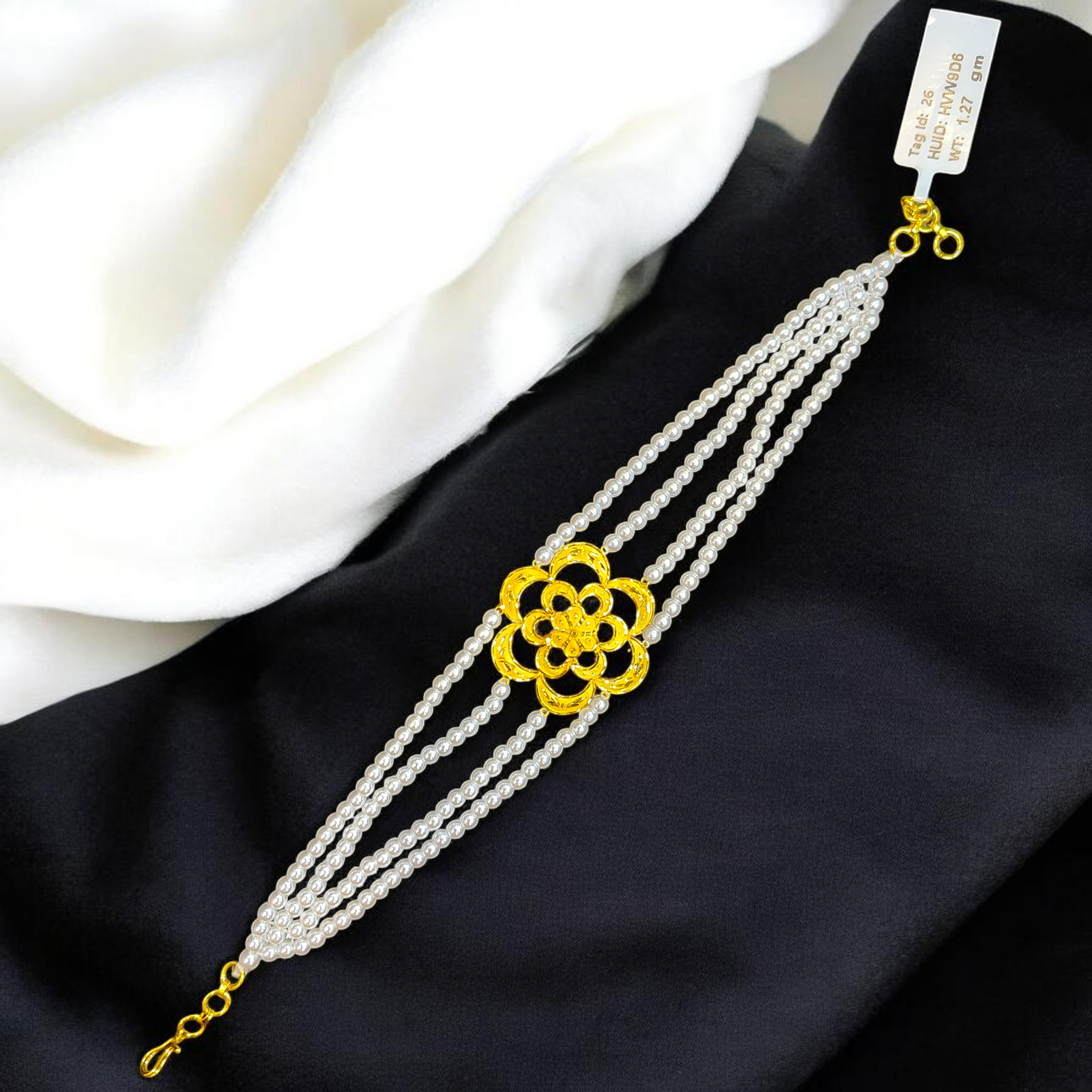 GOLD MANTASHA- RAJLAXMI WGT: 1.270 GM APPROX HUID HALLMARK 916 22KT GOLD MOTI MANTASHA WITH PEARL CHAIN FOR WOMEN.