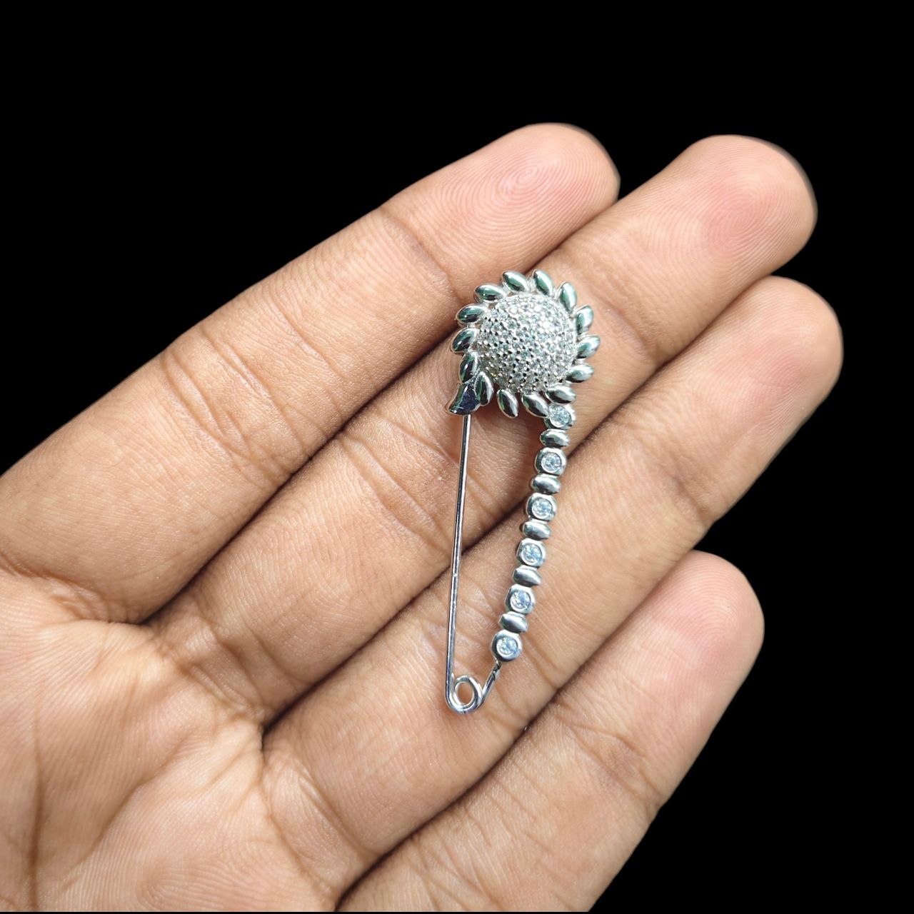 SILVER BROOCH- CERTIFIED BIS HALLMARK 925 SILVER BROOCH CEPTIPIN FOR SAREE 1 PIECE STUDDED WITH AMERICAN DIAMOND- (SOLD ON MRP) NON EXCHANGEABLE ITEM.