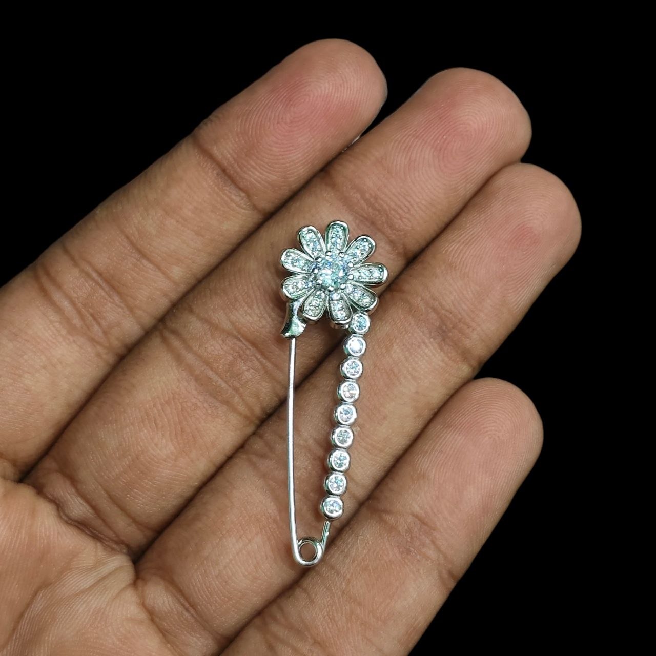 SILVER BROOCH- CERTIFIED BIS HALLMARK 925 SILVER BROOCH CEPTIPIN FOR SAREE 1 PIECE STUDDED WITH AMERICAN DIAMOND- (SOLD ON MRP) NON EXCHANGEABLE ITEM.