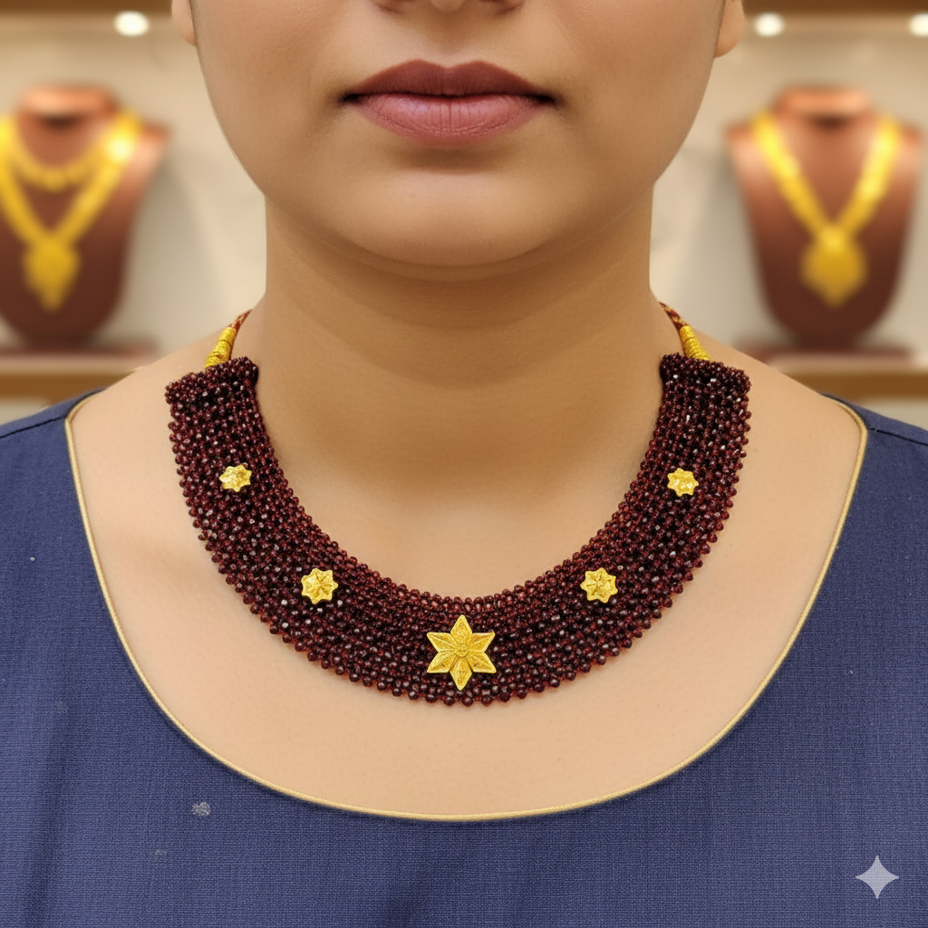 (GSH) TRJ WGT: 1.580 GM APPROX 22KT HUID HALLMARK GOLD CRYSTAL CHATAI NECKLACE 1 PIECE WITH ADJUSTABLE TASSEL.