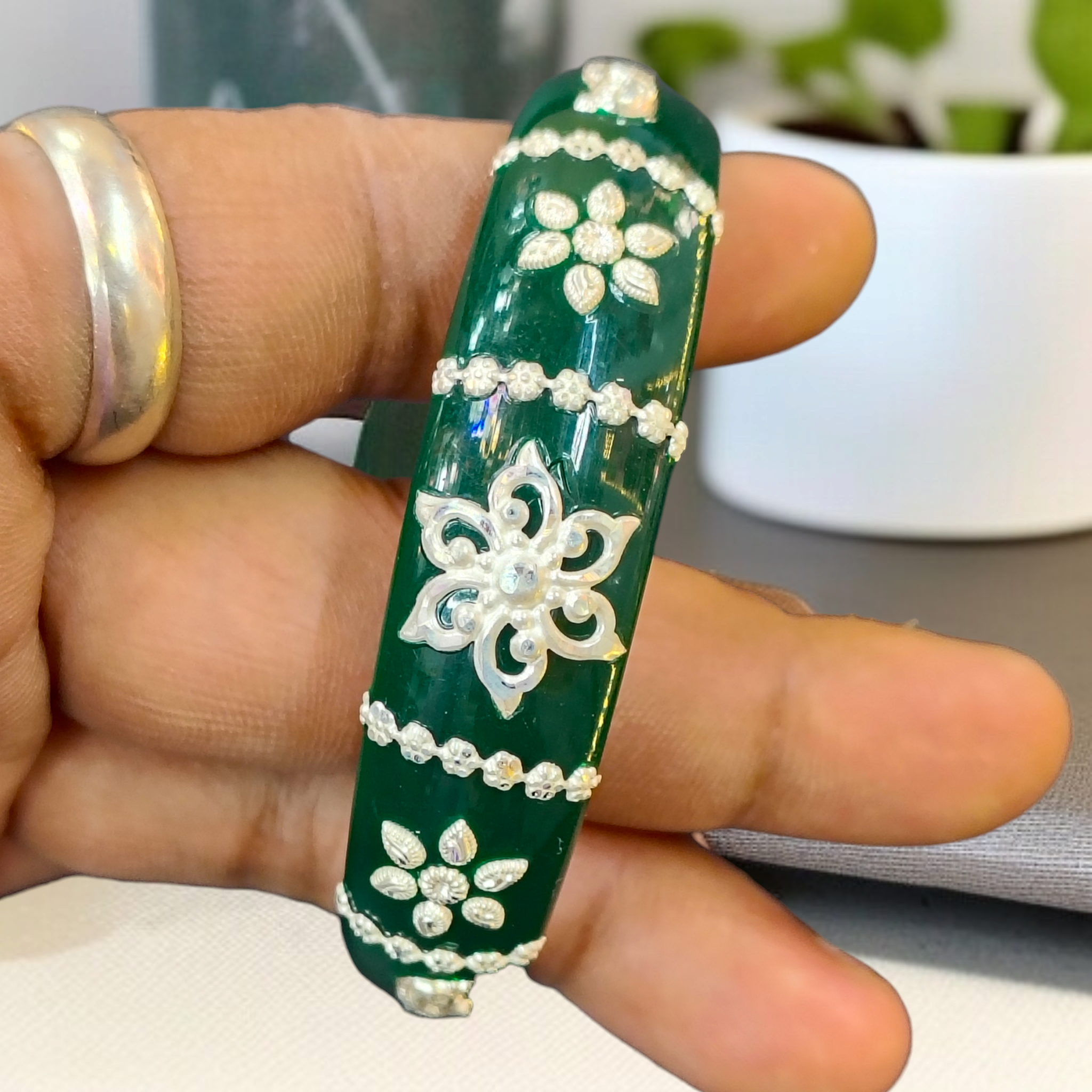 (SSP) (SIZE- 25) GREEN PASTING DESIGN 925 ORIGINAL SILVER POLA BANGLES FOR WOMEN 1 PC - SOLD AS MRP BY RAJLAXMI.
