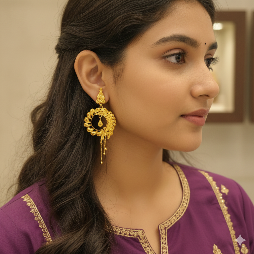 (GER22) BIS CERTIFIED WGT: 3.930 GM APPROX HUID HALLMARK 916 22KT GOLD EARRINGS KANBALA 1 PAIR FOR WOMEN.