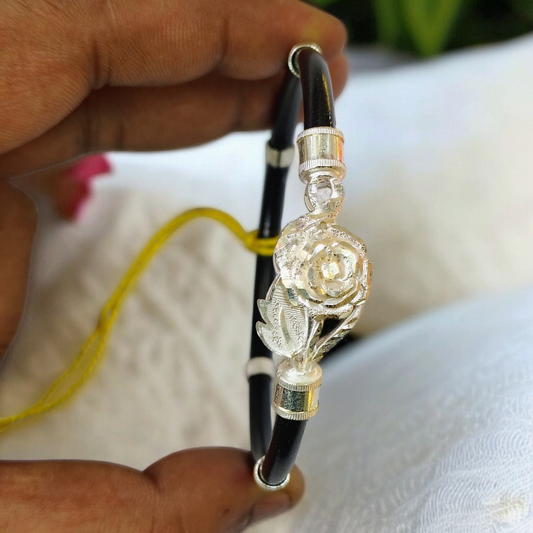TRJ BLACK FLOWER3 DESIGN 925 ORIGINAL SILVER NOA BANGLES FOR WOMEN 1 PIECE - SOLD AS MRP BY RAJLAXMI.