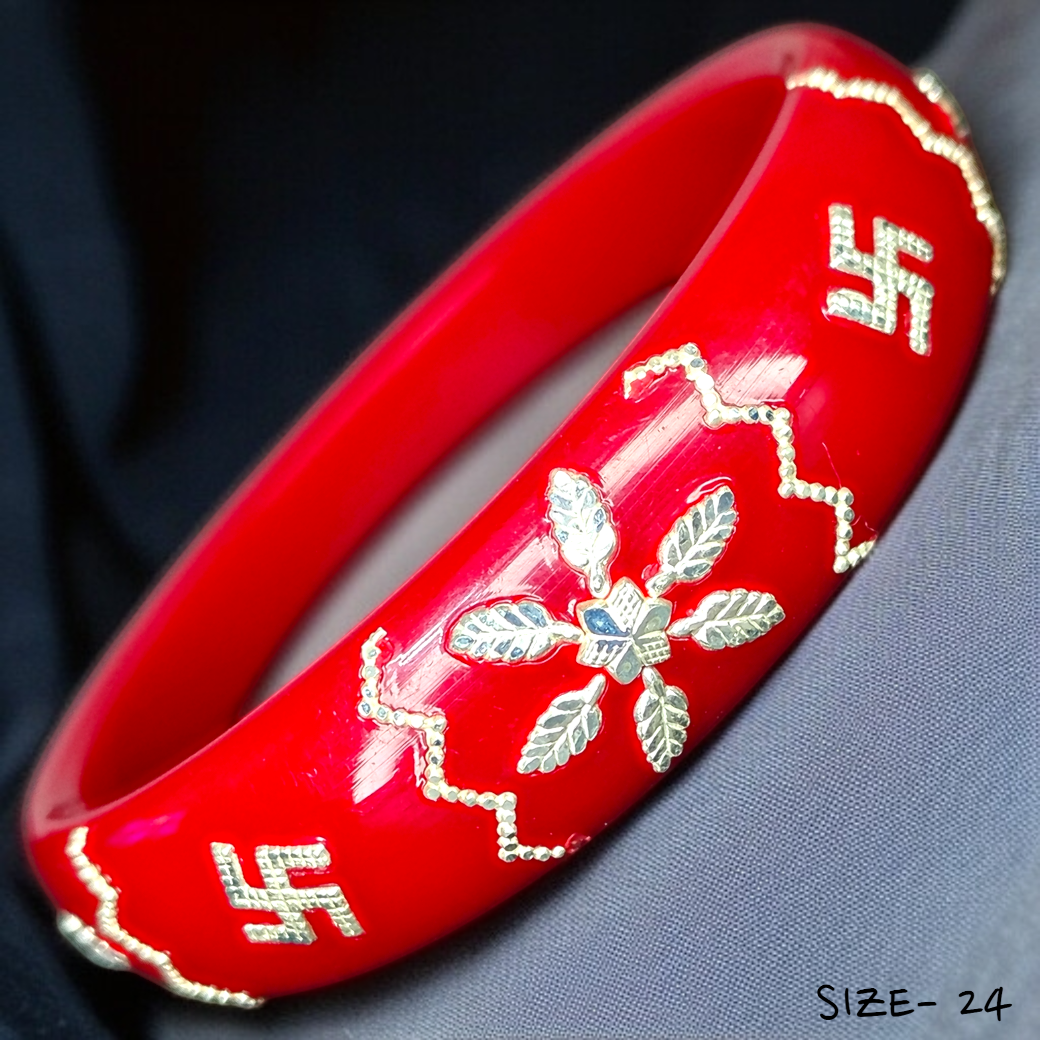 (SSP) (SIZE- 24) RED PASTING DESIGN 925 ORIGINAL SILVER POLA BANGLES FOR WOMEN 1 PC - SOLD AS MRP BY RAJLAXMI.