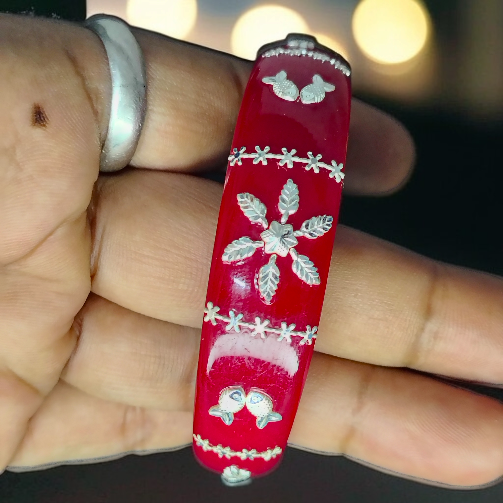 (SSP) (SIZE- 26) RED PASTING DESIGN 925 ORIGINAL SILVER POLA BANGLES FOR WOMEN 1 PC - SOLD AS MRP BY RAJLAXMI.