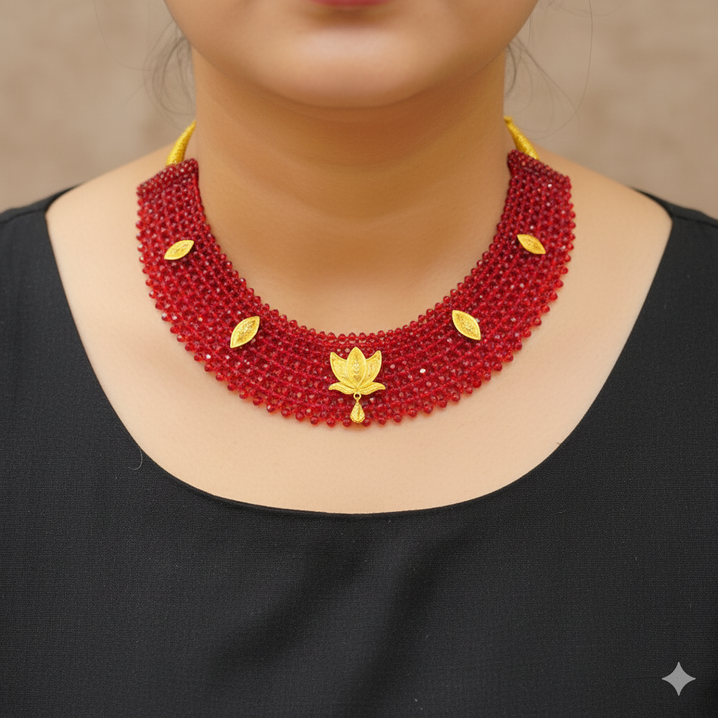 (GSH) TRJ WGT: 1.260 GM APPROX 22KT HUID HALLMARK GOLD CRYSTAL CHATAI NECKLACE 1 PIECE WITH ADJUSTABLE TASSEL.