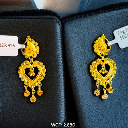 (GER22) BIS CERTIFIED WGT: 2.680 GM APPROX HUID HALLMARK 916 22KT GOLD EARRINGS KANBALA 1 PAIR FOR WOMEN.