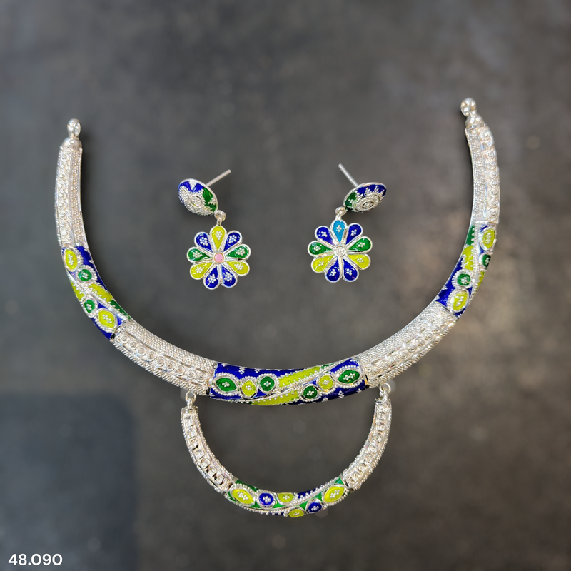 SILVER NECKLACE- CERTIFIED HALLMARK 925 SILVER HASULI NECKLACE 1 PIECE WITH EARRINGS (MINAKARI MANIPUR DESIGN) APPROX WGT: 48.090 GM (1 PIECE) FOR BEAUTIFUL WOMEN.