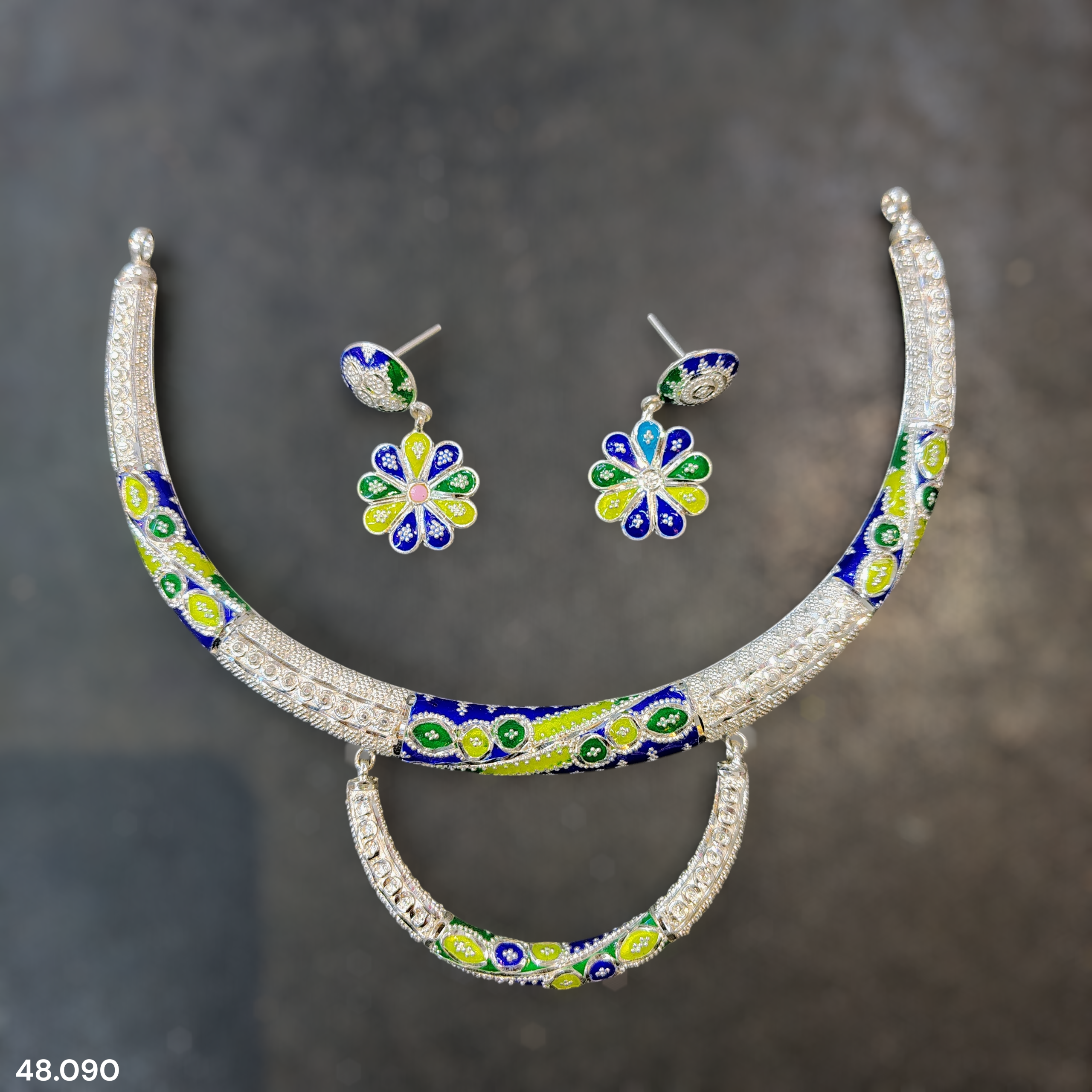 SILVER NECKLACE- CERTIFIED HALLMARK 925 SILVER HASULI NECKLACE 1 PIECE WITH EARRINGS (MINAKARI MANIPUR DESIGN) APPROX WGT: 48.090 GM (1 PIECE) FOR BEAUTIFUL WOMEN.