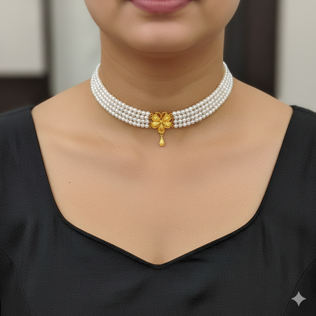 PEARL CHOKER- CERTIFIED BIS HUID HALLMARK 916 22KT GOLD MOTI CHOKER 1 PIECE (WGT: 0.890 GM) WITH ADJUSTABLE TASSEL FOR GIFT IN MARRIAGE.