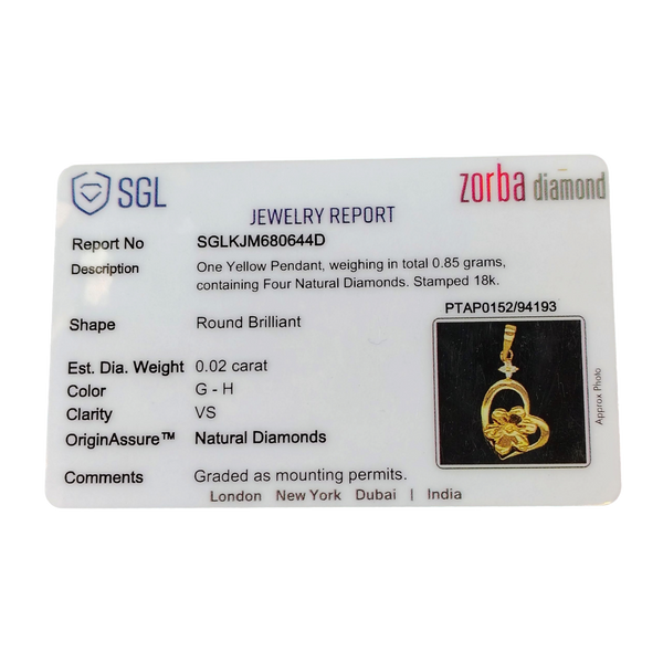 RAJLAXMI DIAMOND JEWELLERY - WGT: 1.010 GM - NATURAL DIAMOND (0.02 CENT) HUID HALLMARK 18KT DIAMOND PENDANT LOCKET FOR WOMEN WITH CERTIFICATE OF AUTHENTICITY BY ZORBA (DESIGN NO: PTAP0152) *CHAIN NOT INCLUDED.