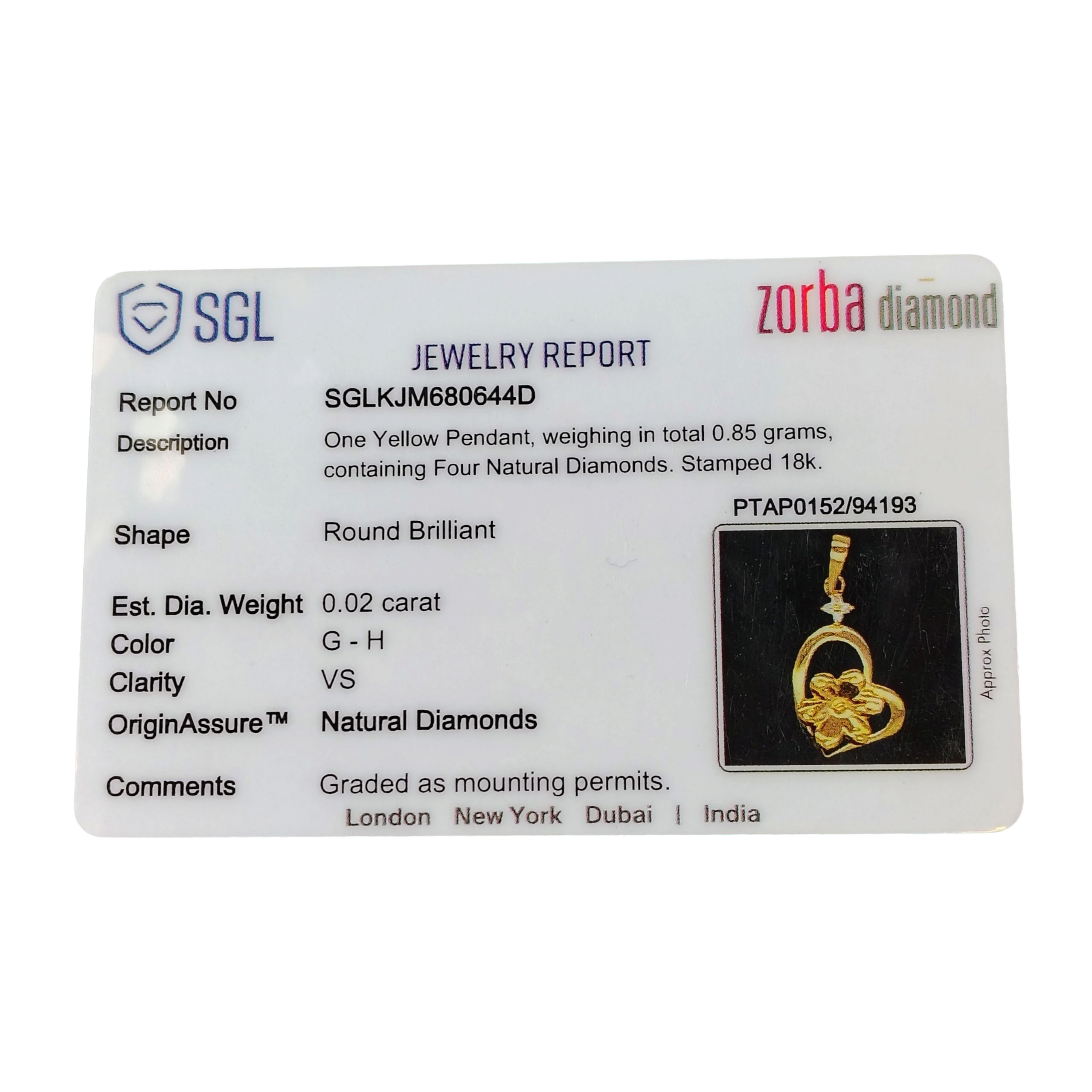 (GLC18) RAJLAXMI DIAMOND JEWELLERY - WGT: 1.010 GM - NATURAL DIAMOND (0.02 CENT) HUID HALLMARK 18KT DIAMOND PENDANT LOCKET FOR WOMEN WITH CERTIFICATE OF AUTHENTICITY BY ZORBA (DESIGN NO: PTAP0152) *CHAIN NOT INCLUDED.