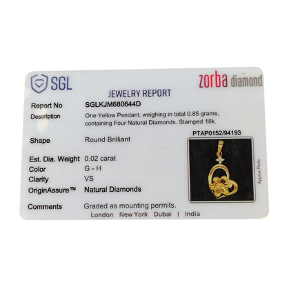 RAJLAXMI DIAMOND JEWELLERY - WGT: 1.010 GM - NATURAL DIAMOND (0.02 CENT) HUID HALLMARK 18KT DIAMOND PENDANT LOCKET FOR WOMEN WITH CERTIFICATE OF AUTHENTICITY BY ZORBA (DESIGN NO: PTAP0152) *CHAIN NOT INCLUDED.