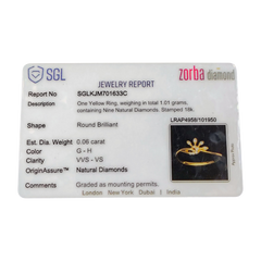 RAJLAXMI DIAMOND JEWELLERY (SIZE:09) - WGT: 1.010 GM - NATURAL DIAMOND (0.06 CENT) HUID HALLMARK 18KT DIAMOND FINGER RING FOR WOMEN WITH CERTIFICATE OF AUTHENTICITY BY ZORBA (DESIGN NO: LRAP4958).