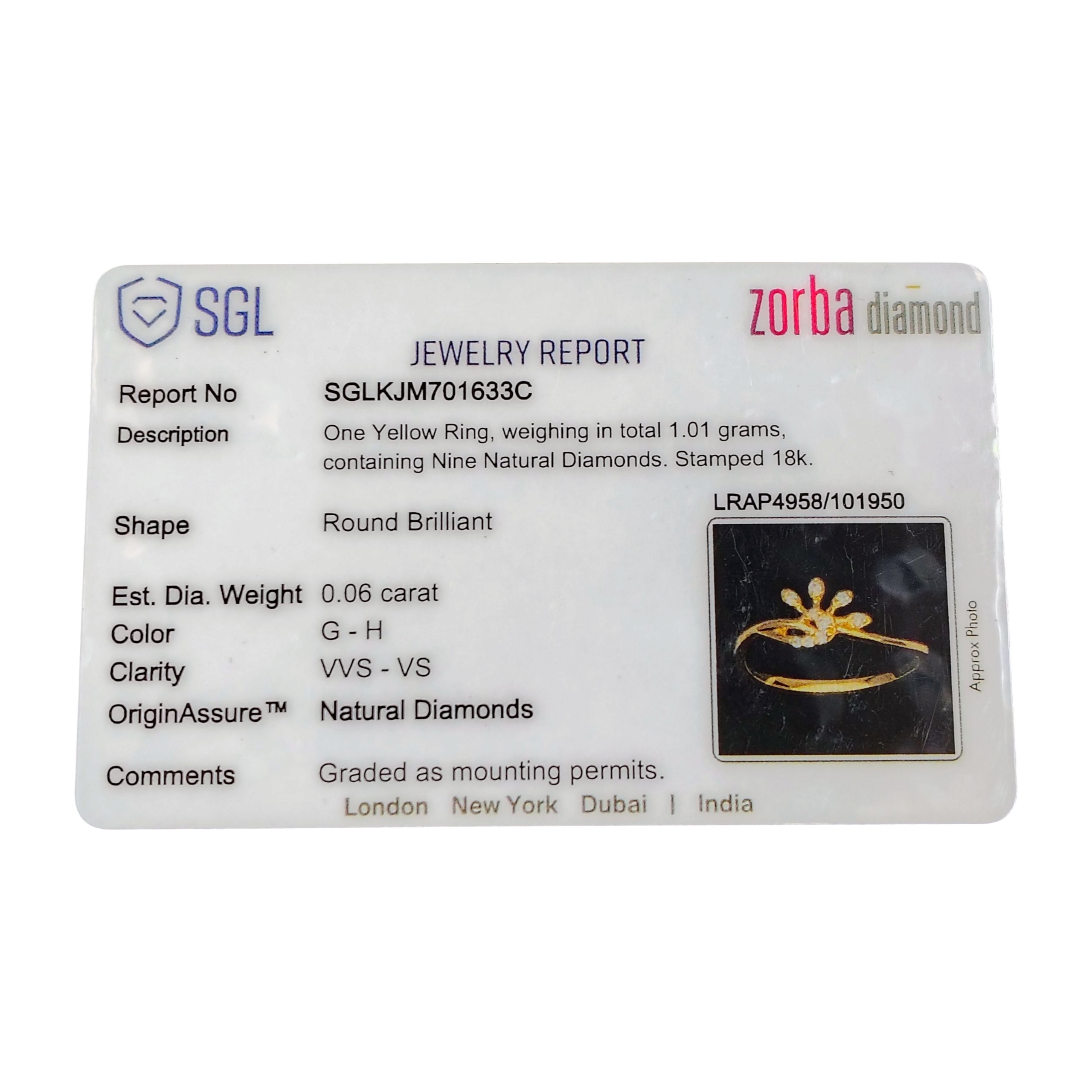 (GLFR18) RAJLAXMI DIAMOND JEWELLERY (SIZE:09) - WGT: 1.010 GM - NATURAL DIAMOND (0.06 CENT) HUID HALLMARK 18KT DIAMOND FINGER RING FOR WOMEN WITH CERTIFICATE OF AUTHENTICITY BY ZORBA (DESIGN NO: LRAP4958).