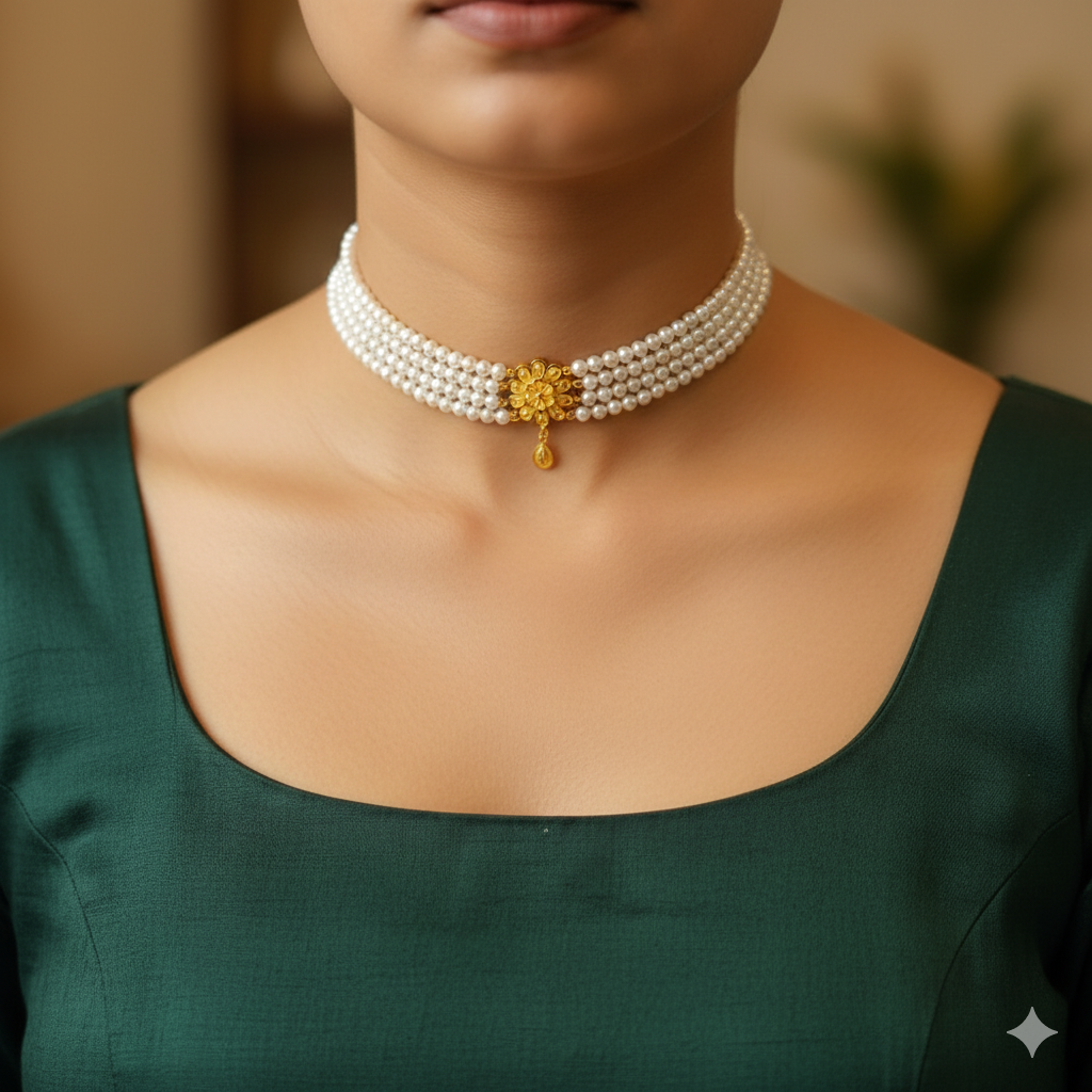 (GMC) CERTIFIED BIS HUID HALLMARK 916 22KT GOLD MOTI CHOKER 1 PIECE (WGT:1.480 GM) WITH ADJUSTABLE TASSEL FOR GIFT IN MARRIAGE.