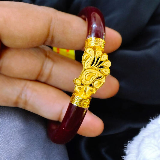 (GSP) TRJ MAROON COLOUR (SIZE: 24) WGT: 1.840 GM APPROX 22KT HUID HALLMARK GOLD MUKH POLA BANGLES 1 PIECE DESIGN FOR REGULAR USE.