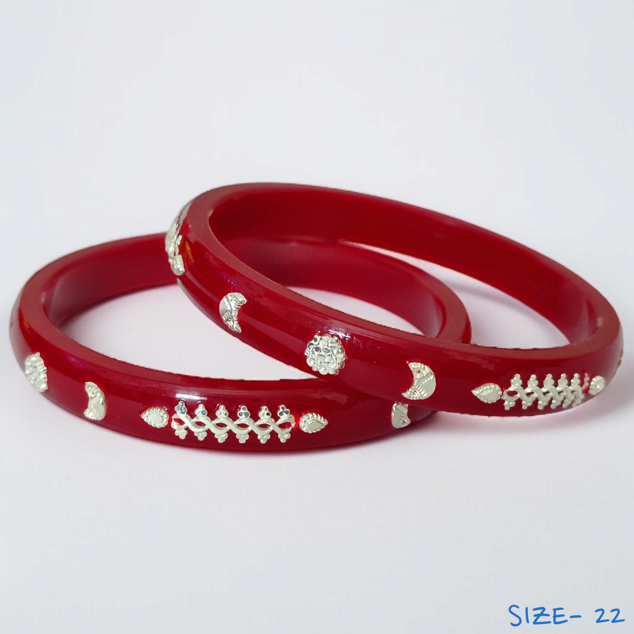 (SSP) (SIZE- 22) RED PASTING DESIGN 925 ORIGINAL SILVER POLA BANGLES FOR WOMEN 1 PAIR - SOLD AS MRP BY RAJLAXMI.