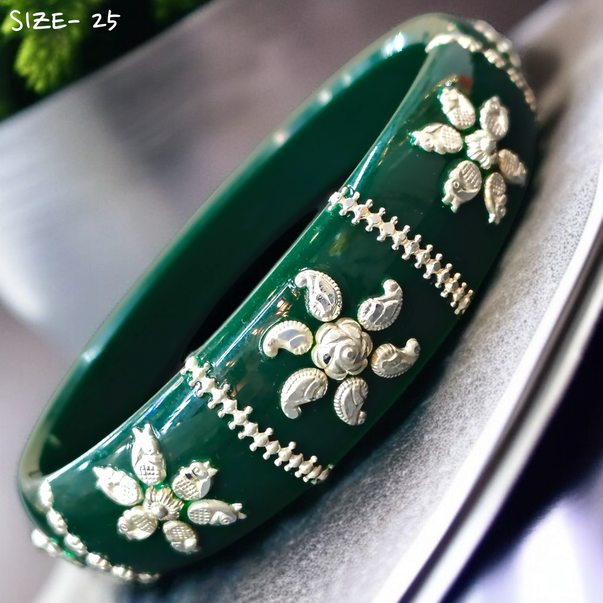 (SSP) (SIZE- 25) GREEN PASTING DESIGN 925 ORIGINAL SILVER POLA BANGLES FOR WOMEN 1 PC - SOLD AS MRP BY RAJLAXMI.