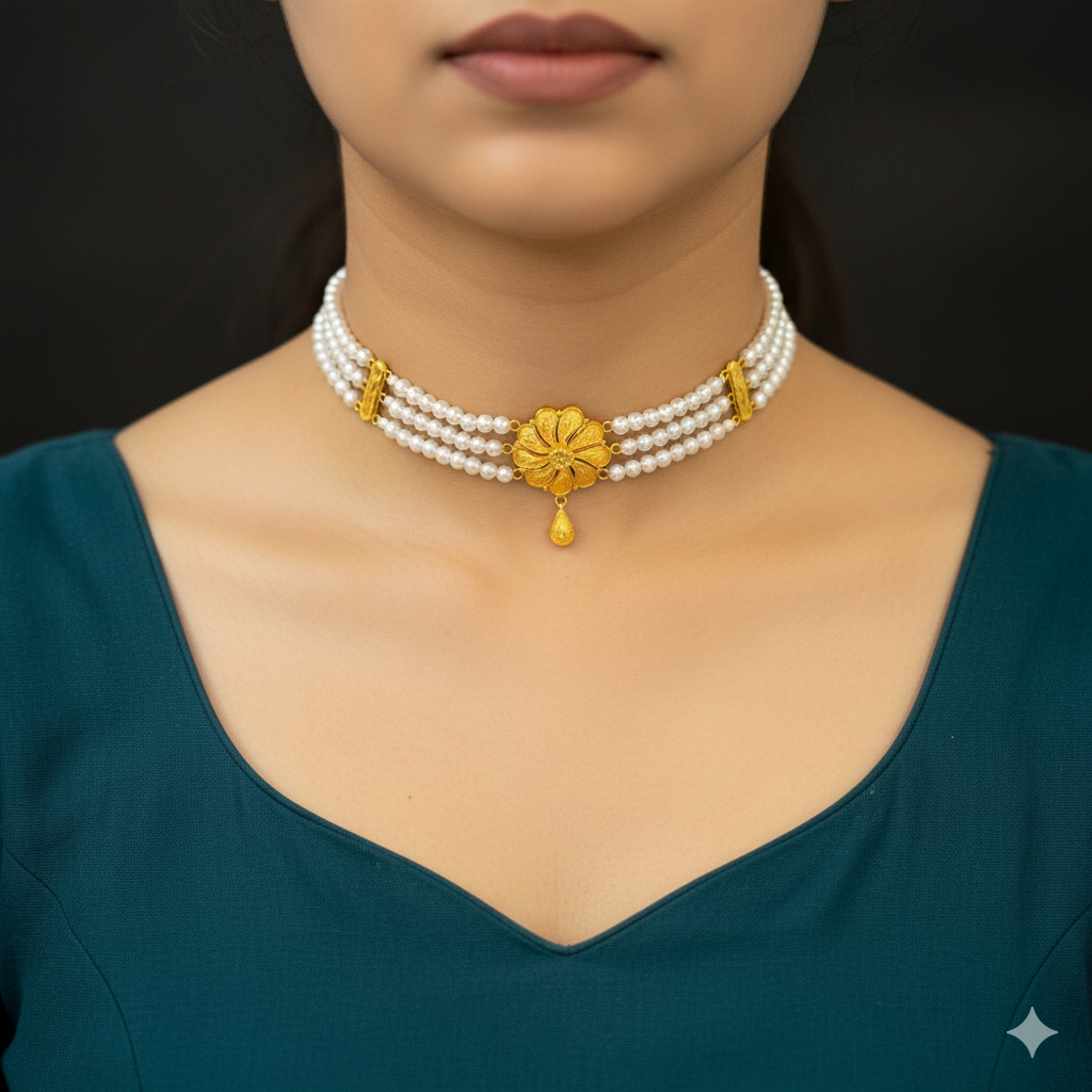 (GMC) CERTIFIED BIS HUID HALLMARK 916 22KT GOLD MOTI CHOKER 1 PIECE (WGT: 1.990 GM) WITH ADJUSTABLE TASSEL FOR GIFT IN MARRIAGE.