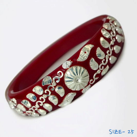 (SSP) (SIZE- 25) RED PASTING DESIGN 925 ORIGINAL SILVER POLA BANGLES FOR WOMEN 1 PC - SOLD AS MRP BY RAJLAXMI.