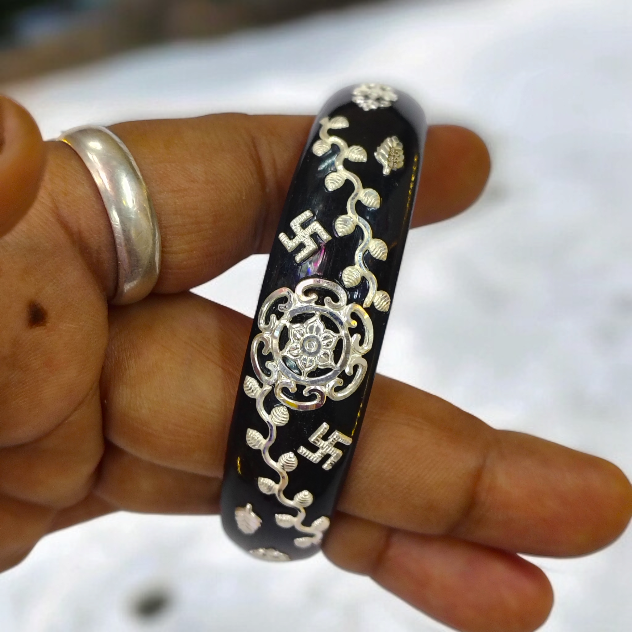 (SSP) (SIZE- 26) BLACK PASTING DESIGN 925 ORIGINAL SILVER POLA BANGLES FOR WOMEN 1 PC - SOLD AS MRP BY RAJLAXMI.