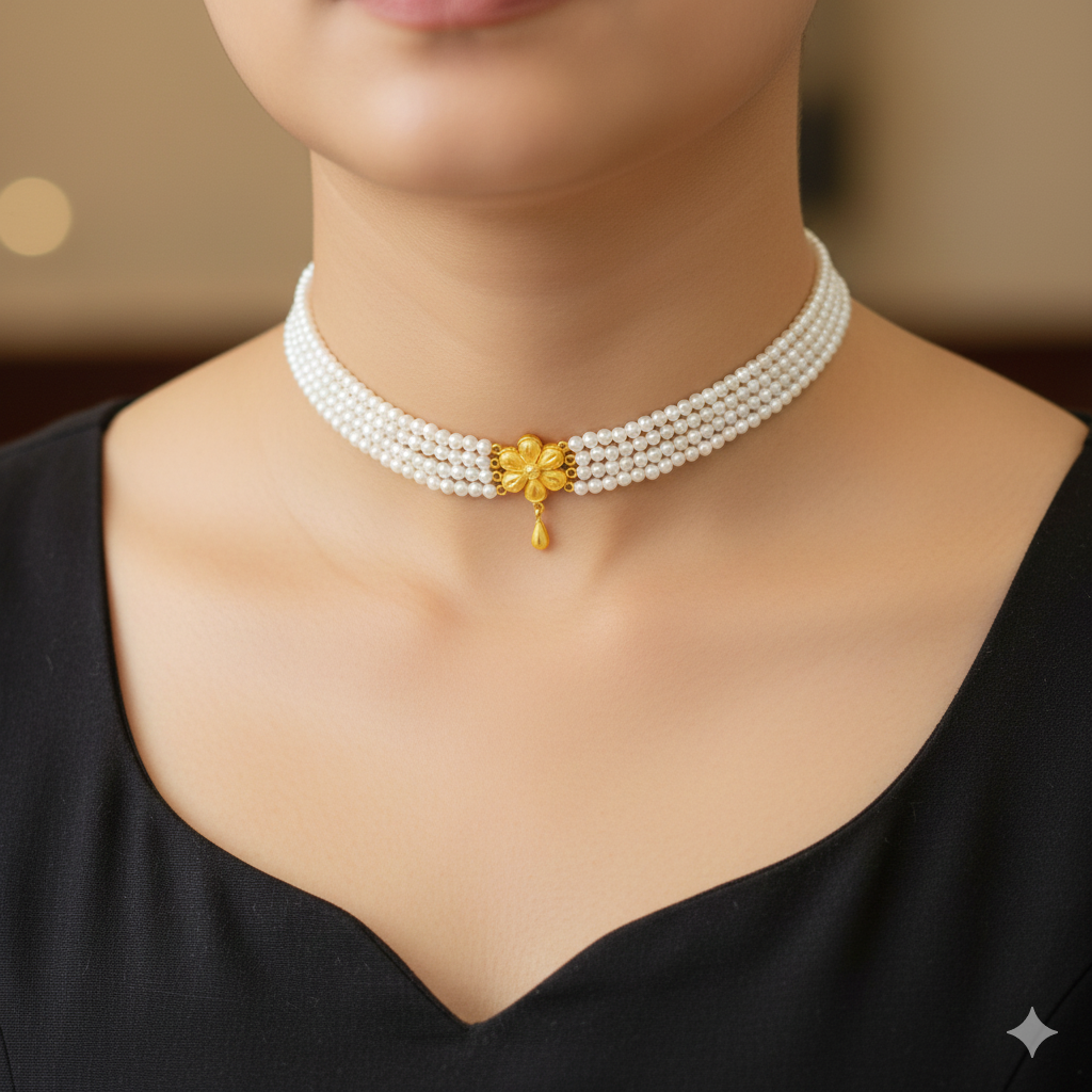 PEARL CHOKER- CERTIFIED BIS HUID HALLMARK 916 22KT GOLD MOTI CHOKER 1 PIECE (WGT: 0.870 GM) WITH ADJUSTABLE TASSEL FOR GIFT IN MARRIAGE.