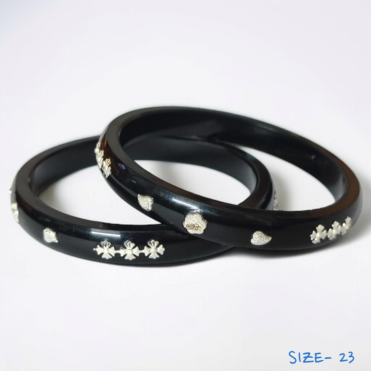 (SSP) (SIZE- 23) BLACK PASTING DESIGN 925 ORIGINAL SILVER POLA BANGLES FOR WOMEN 1 PAIR - SOLD AS MRP BY RAJLAXMI.