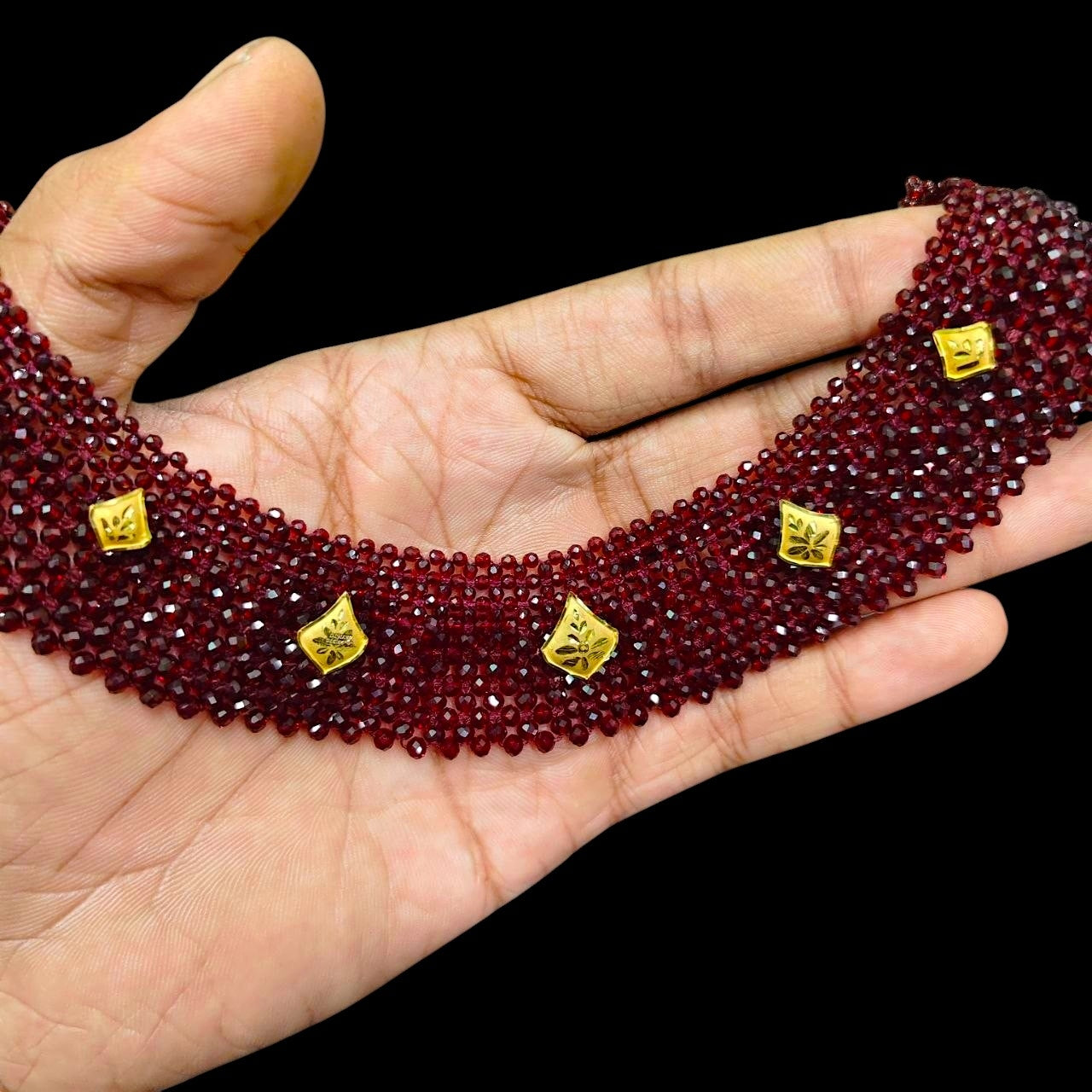 GOLD MOTI HAR- (WGT: 0.600 GM APPROX) HUID HALLMARK 375 9KT GOLD CRYSTAL CHATAI NECKLACE 1 PIECE WITH ADJUSTABLE TASSE.