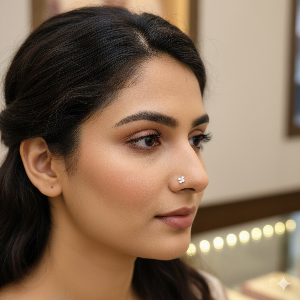 (GNP) RAJLAXMI DIAMOND JEWELLERY - WGT: 0.250 GM - NATURAL DIAMOND (0.08 CENT) HUID HALLMARK 18KT DIAMOND NOSEPIN FOR WOMEN WITH CERTIFICATE OF AUTHENTICITY BY IGJI (DESIGN NO: M12082562).