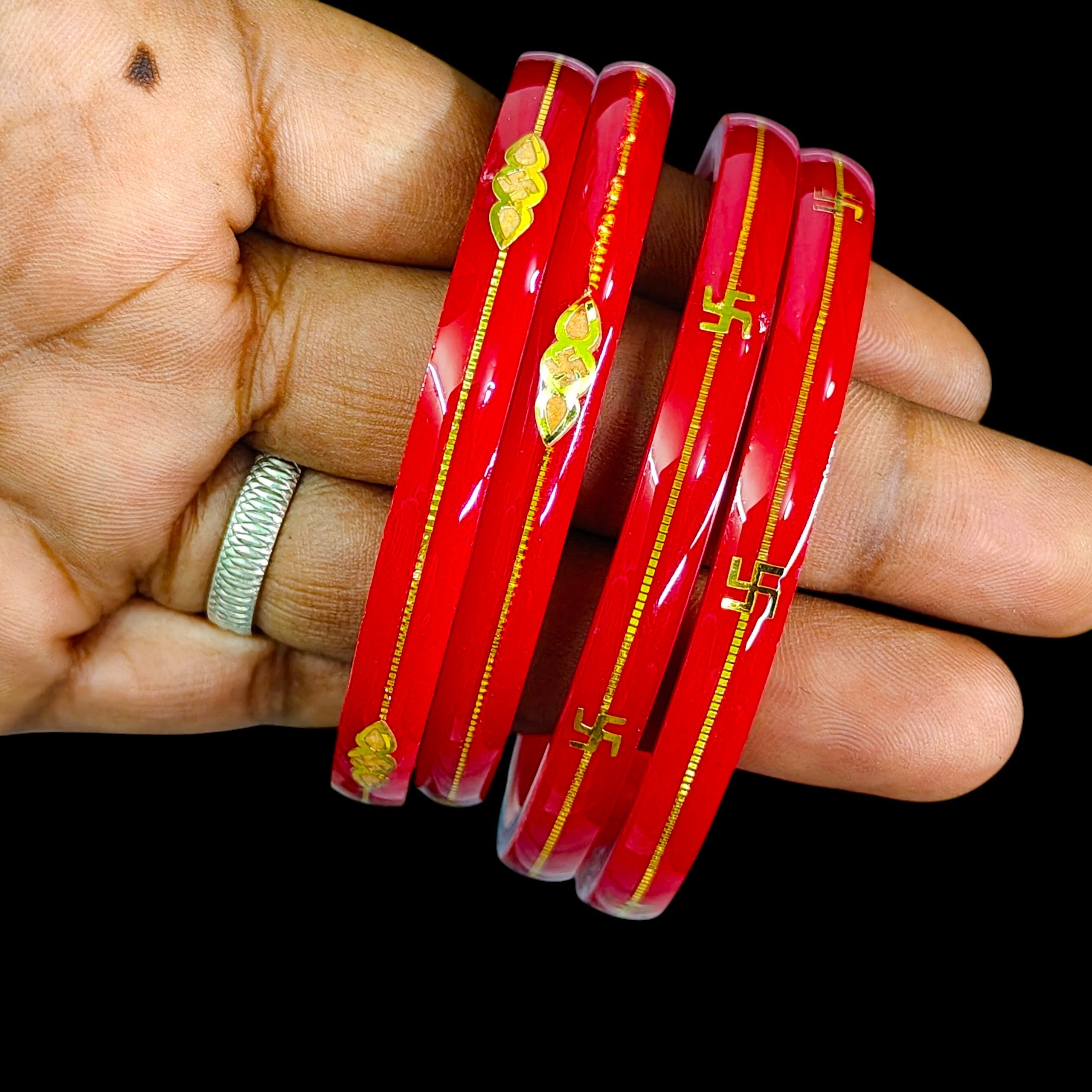 RED (FACEBOOK VIRAL POLA) GOLDEN DETAILING LAMINATION POLA SWASTIK DESIGN 1 PAIR FOR WOMEN - NON EXCHANGEABLE ITEM (GET ANY DESIGN AS PER AVAILABILITY)