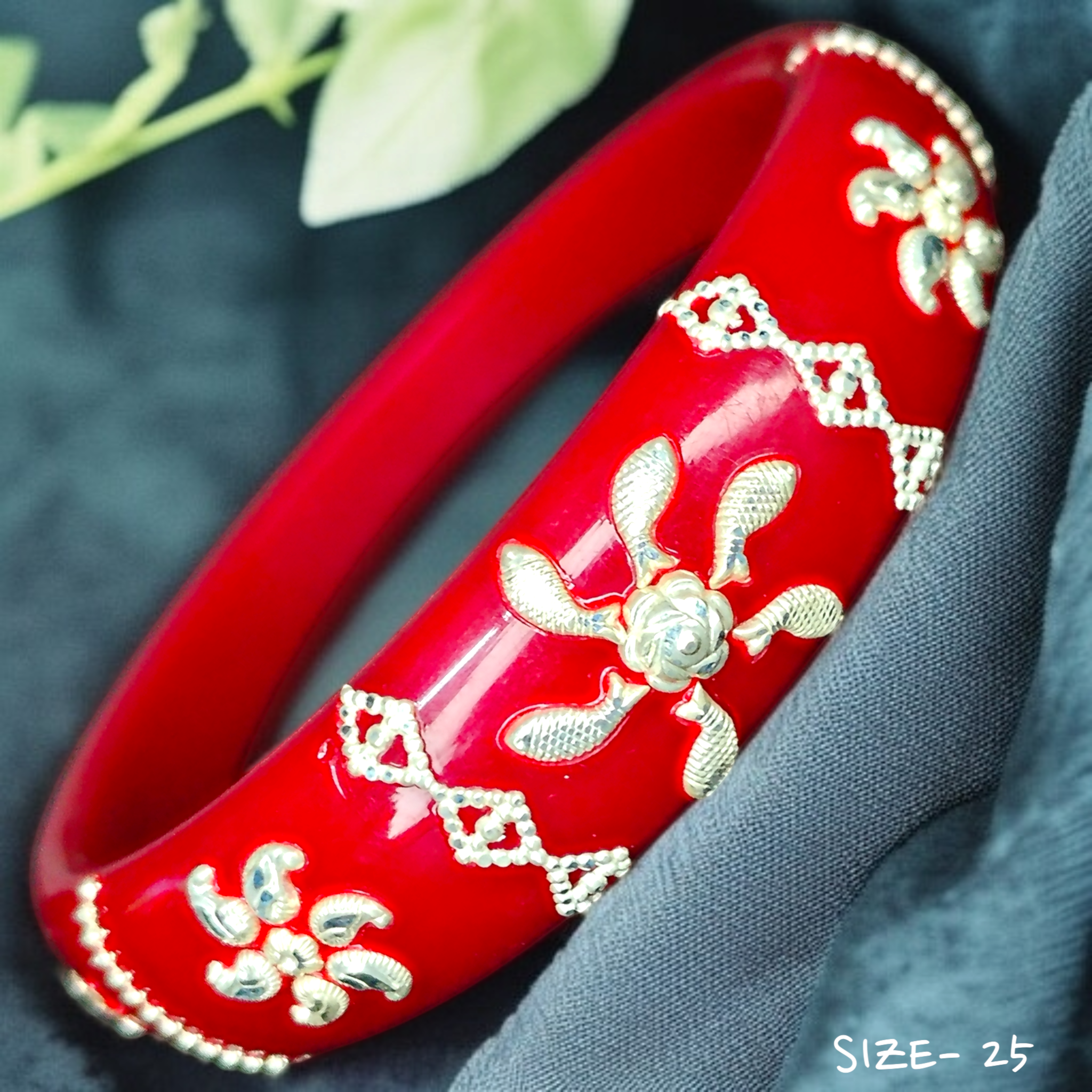 (SSP) (SIZE- 25) RED PASTING DESIGN 925 ORIGINAL SILVER POLA BANGLES FOR WOMEN 1 PC - SOLD AS MRP BY RAJLAXMI.