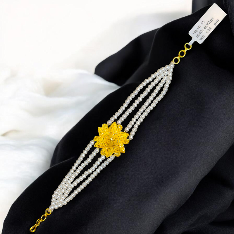 GOLD MANTASHA- RAJLAXMI WGT: 1.340 GM APPROX HUID HALLMARK 916 22KT GOLD MOTI MANTASHA WITH PEARL CHAIN FOR WOMEN.