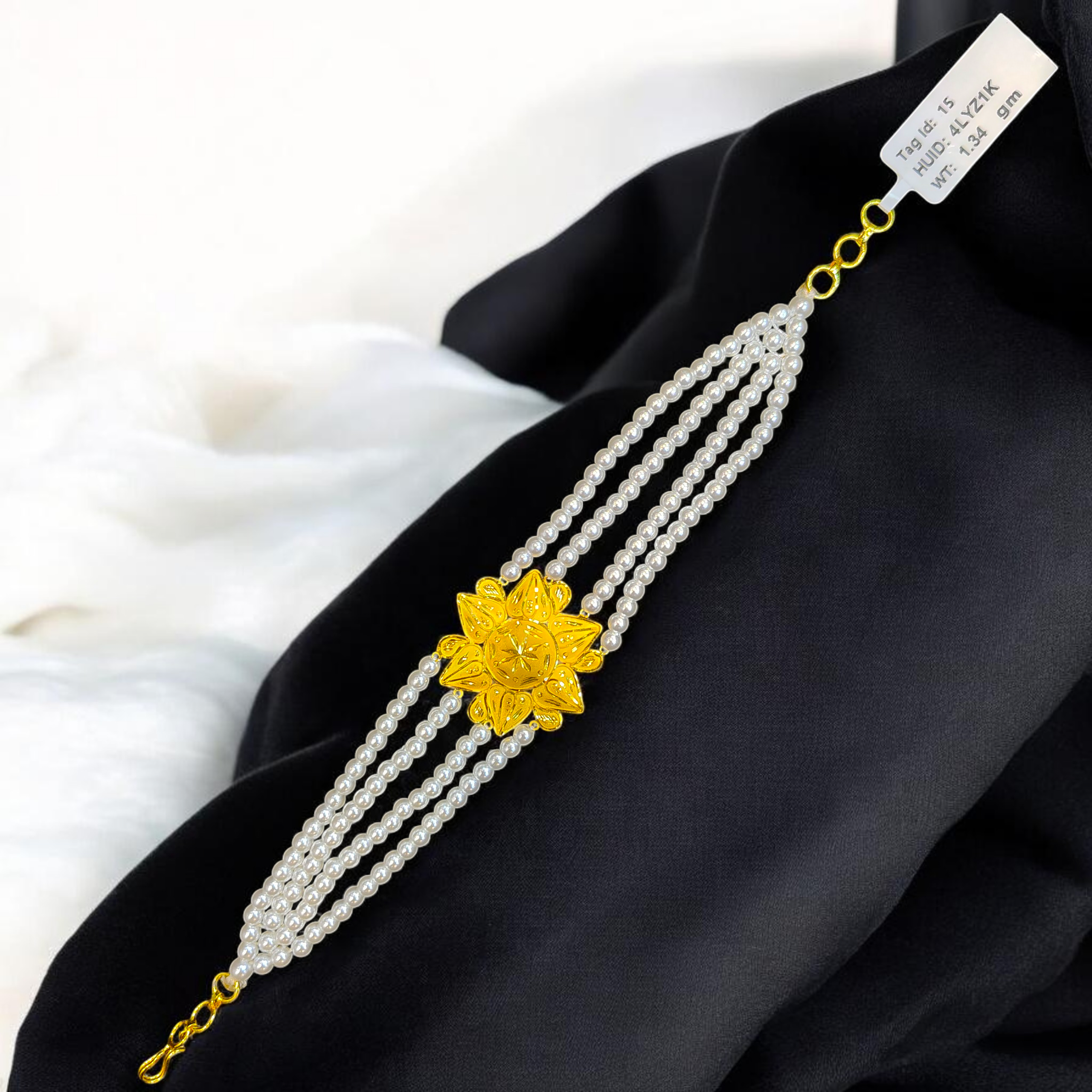 GOLD MANTASHA- RAJLAXMI WGT: 1.340 GM APPROX HUID HALLMARK 916 22KT GOLD MOTI MANTASHA WITH PEARL CHAIN FOR WOMEN.