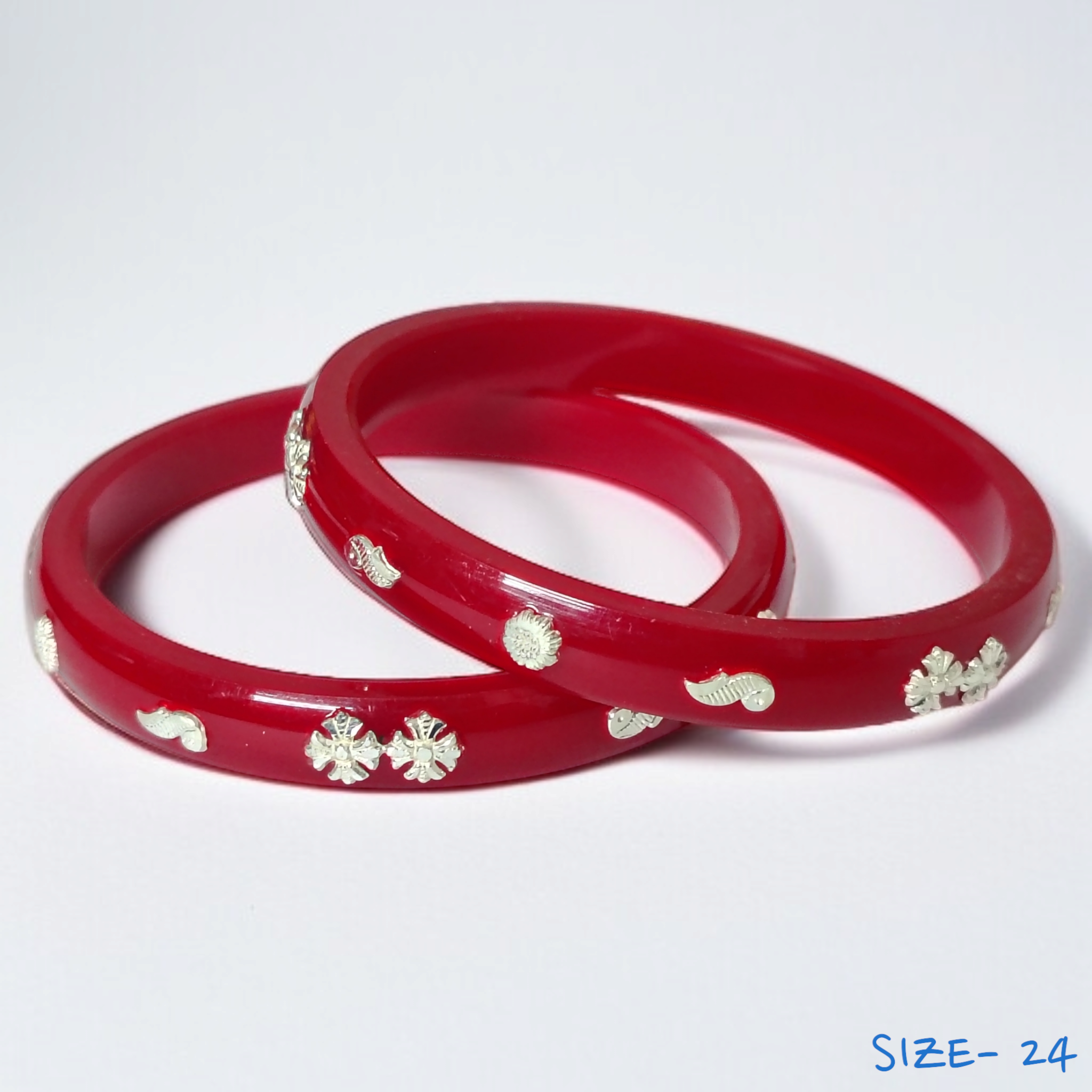 (SSP) (SIZE- 24) RED PASTING DESIGN 925 ORIGINAL SILVER POLA BANGLES FOR WOMEN 1 PAIR - SOLD AS MRP BY RAJLAXMI.